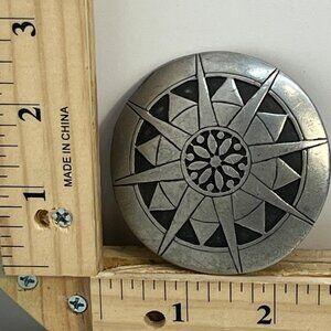 Vintage Silver Black Tone Compass Star Belt Buckle Round Western Design